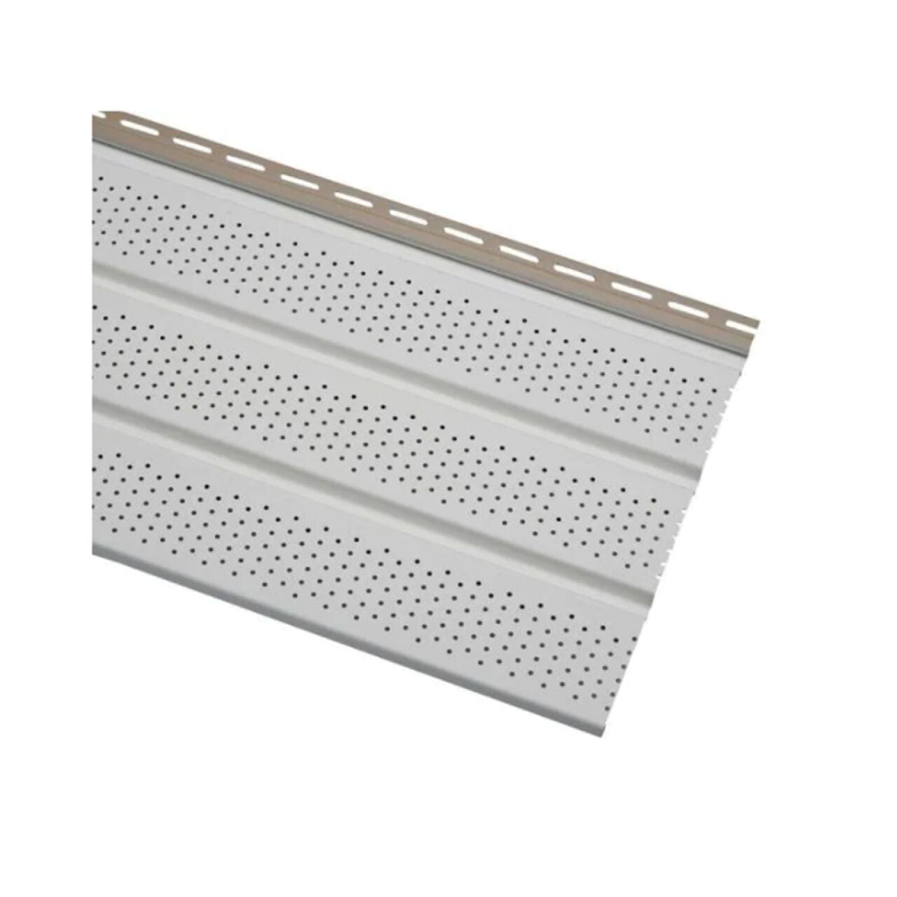 A section of the Go Build 1/2 in. x 11-1/4 in. x 12 ft. Ply Gem Vinyl Soffit Ventilated - White is shown angled, featuring three horizontal rows of vent holes and a slotted nailing hem along the top, set against a plain white background.
